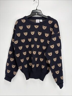 🚡 JG Hook wool Navy Bear-Print Crewneck Sweater vintage